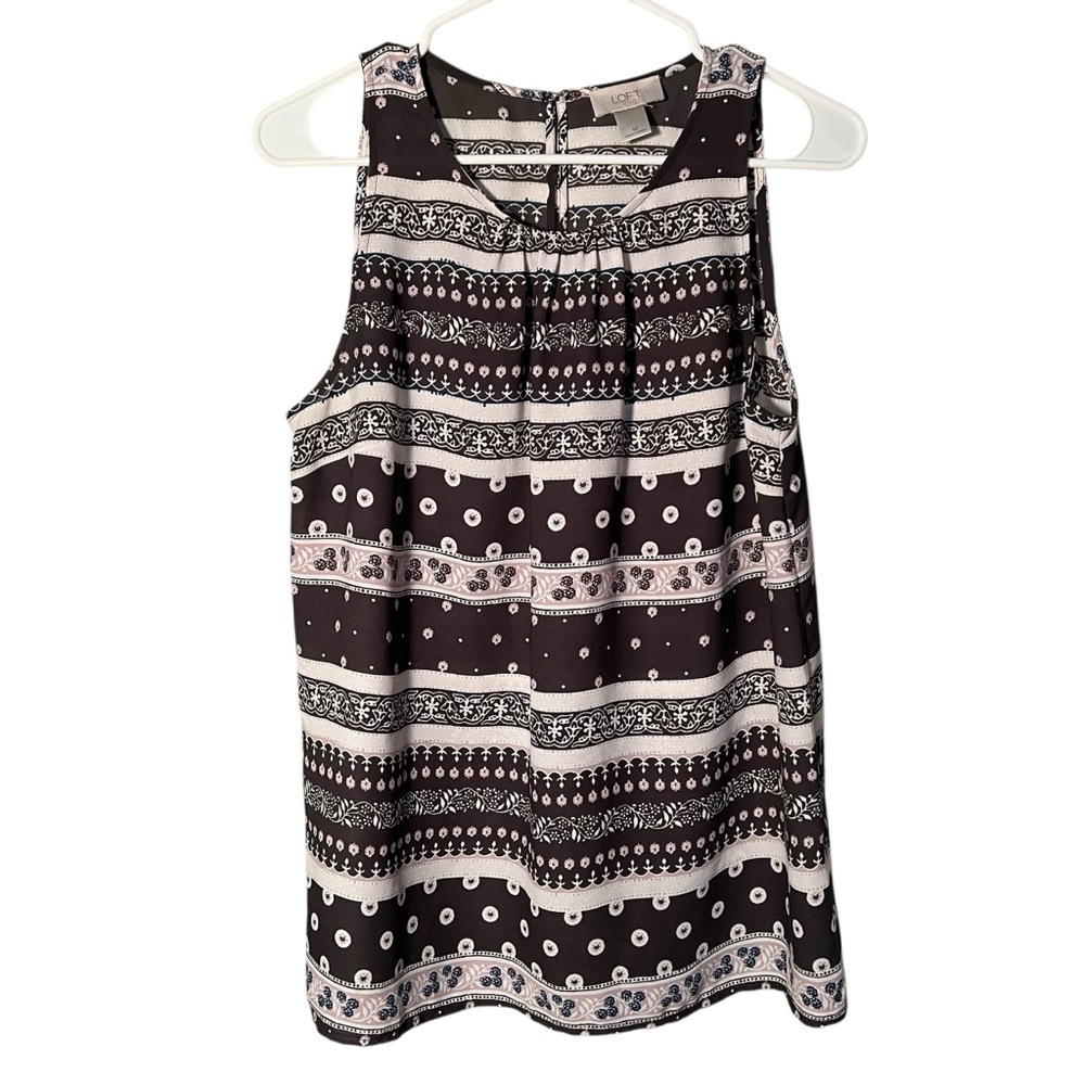 Loft‎ Women's Size Medium Sleeveless Blouse Gray White Pink Floral Stripe Scoop